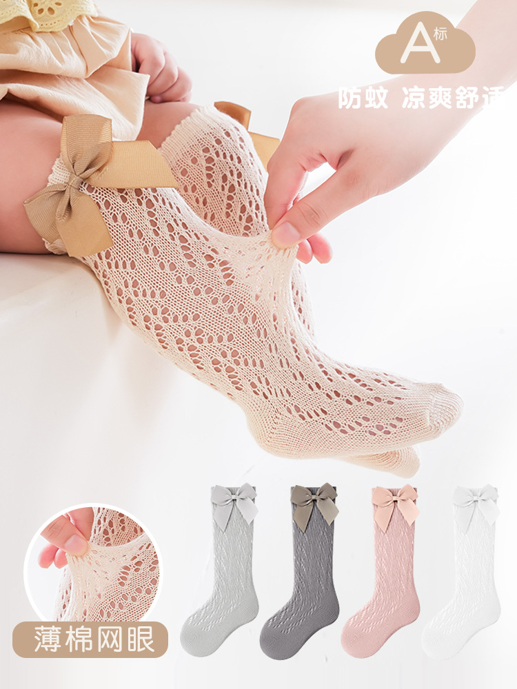 Calcetines de Media Pantorrilla con Estampado de Transferencia y Lazo para Primavera/Verano 2026, Calcetines Transpirables de Malla para Bebés, Calcetines Infantiles Españoles
