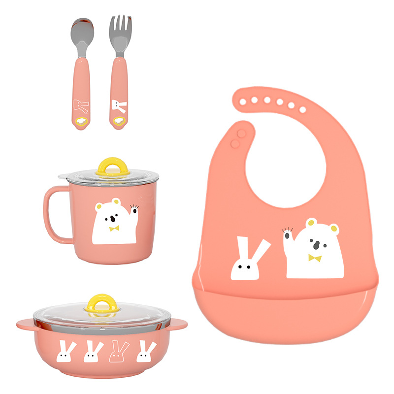 316L de acero inoxidable Los niños vajilla traje suplemento alimenticio bebé lechón tazón taza agua babero tenedor cuchara