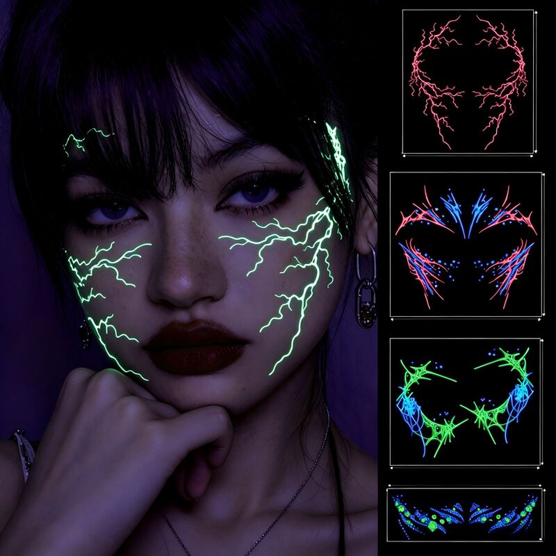 New Halloween face stickers, glow-in-the-dark tattoo stickers, fluorescent pink lightning pattern face stickers, party stage makeup stickers