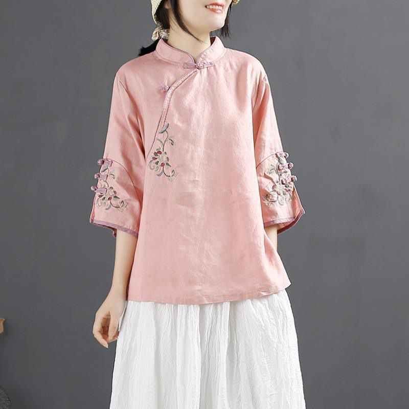 2025 New Chinese Style Retro Cotton and Linen Shirt for Women Spring and Summer Chinese Style Stand-Up Collar Button-Up Top with Slanted Placket Embroidered Tea Suit 2025 New Chinese Style Retro Cotton and Linen Shirt for Women Spring and Summer Chinese Style Stand-Up Collar Button-Up Top with Slanted Placket Embroidered Tea Suit