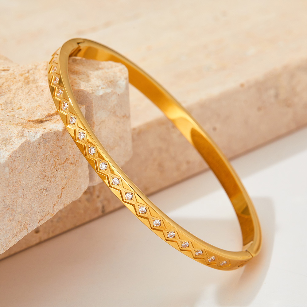 304 Stainless Steel Chain Material Daily Occasion Elegant Rhombus 304 Stainless Steel 16K Gold Plated White Gold Plated Gold Plated Zircon Bangle In Bulk