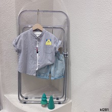 廠家童裝批發 2022夏季新款韓版男童潮流短袖格子圓領襯衫