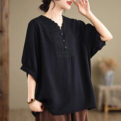 文学的な大きいサイズの綿とリネンの Tシャツ婦人服夏の新しいレトロなルーズ七分袖トップママの夏服