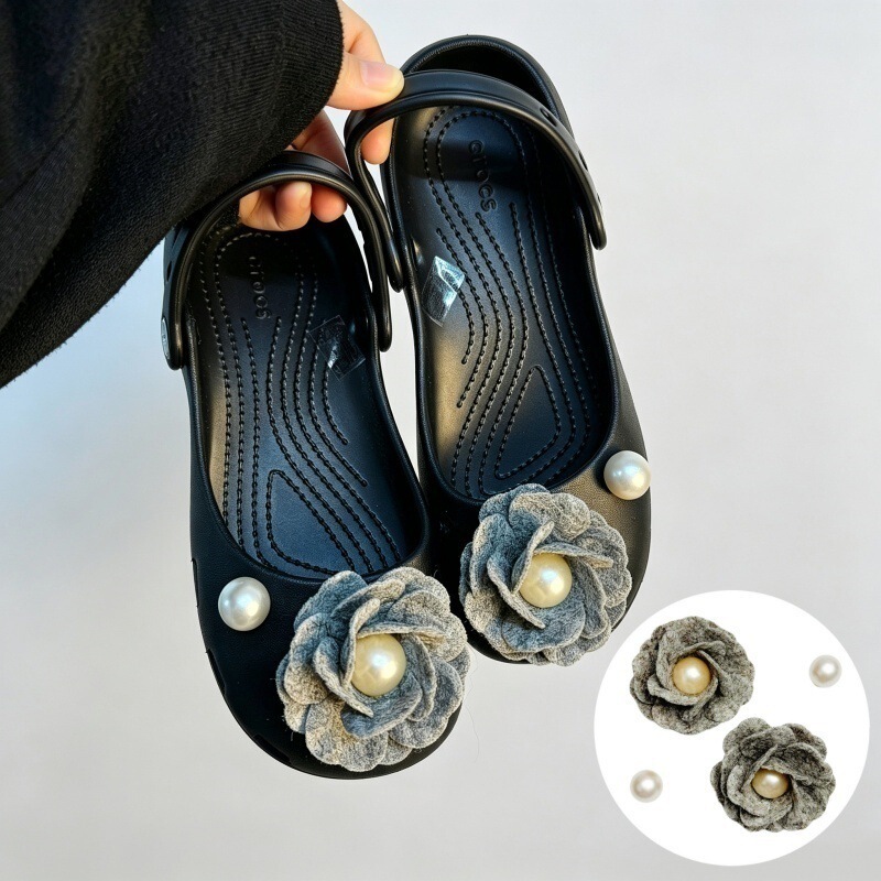 Black and White Ballet Shoes with Colorful Flower Accessories, Elegant and Gentle Rose Flowers, DIY Clogs, Versatile Beach Shoes for Women Black and White Ballet Shoes with Colorful Flower Accessories, Elegant and Gentle Rose Flowers, DIY Clogs, Versatile Beach Shoes for Women