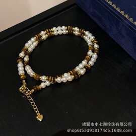 天然淡水珍珠虎眼石项链4-5mm小珍珠搭配圆润算盘珠不含图片礼盒