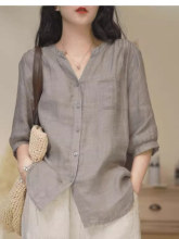 色V领苎麻衬衫上衣夏季新款大码胖mm宽松遮肚五分中袖洋气小衫