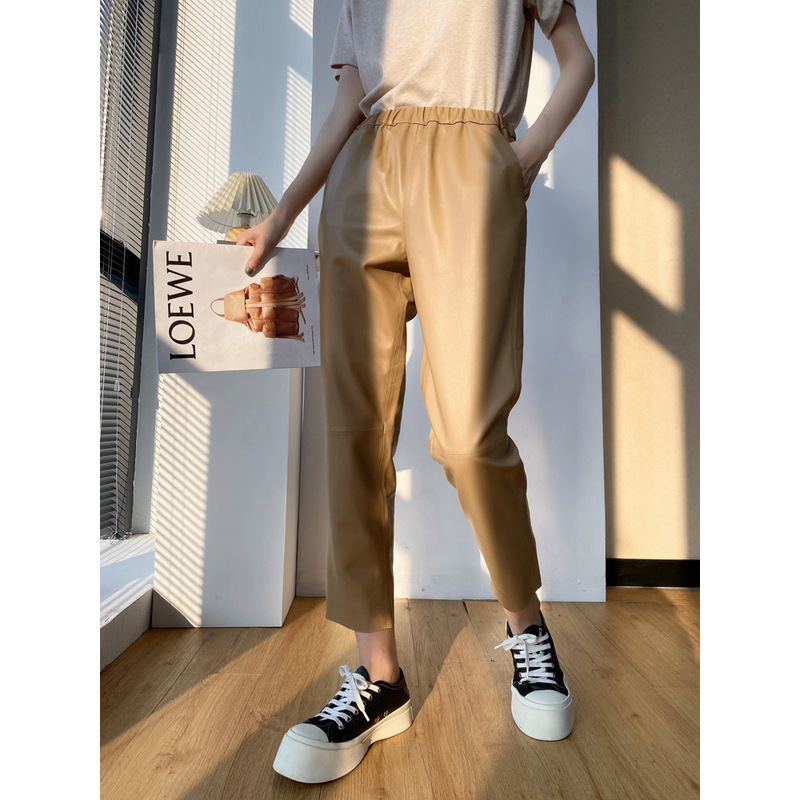 Autumn New Genuine Leather Pants Women's Trousers Pure Leather Sheepskin Ankle-length Pants All-match Leggings Casual Pants for Outer Wear