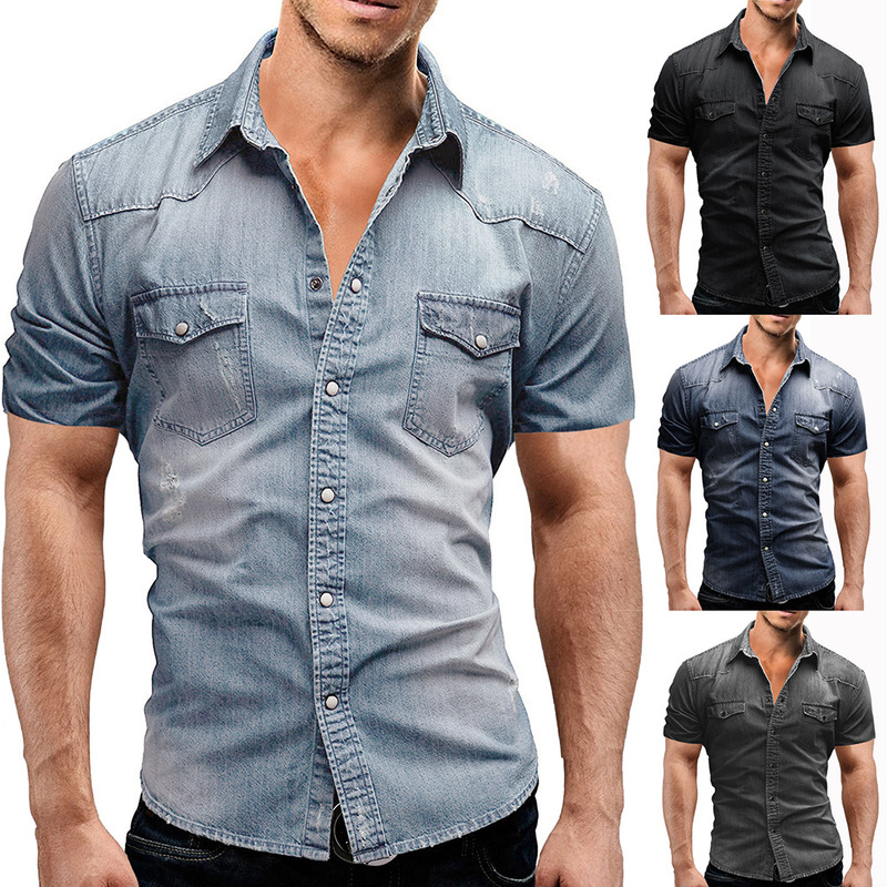 Hong Kong Trendy Brand 2025 Summer New Casual Pure Color Men's Denim Short-Sleeved Shirt Casual Large Size Designer Style