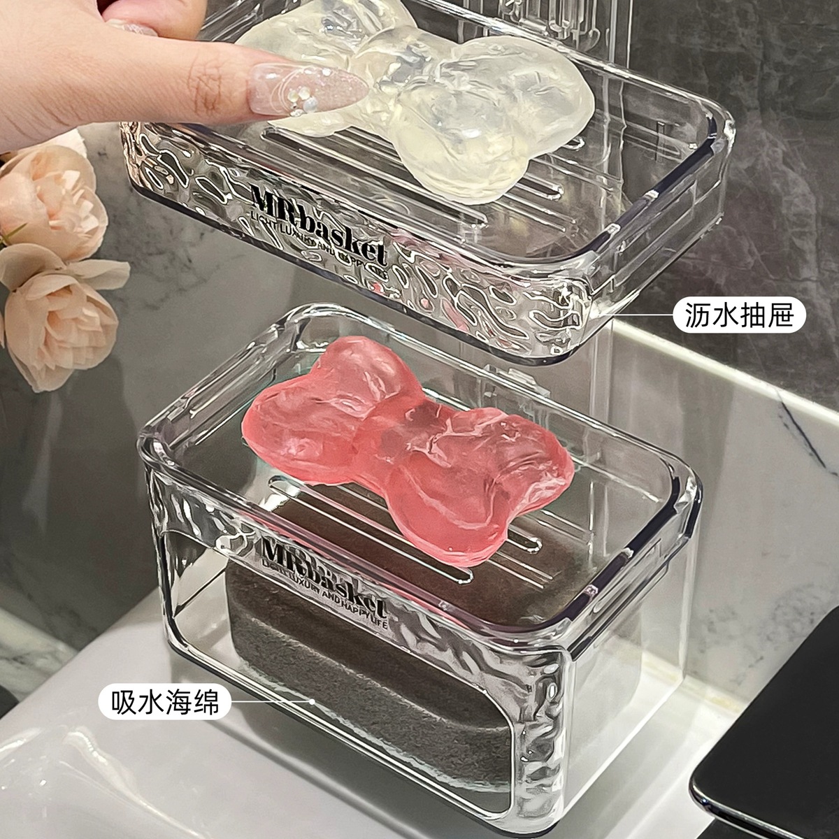 Ventosa caja de jabón montado en la pared sin ponche hogar de alta gama baño Pared de drenaje rack caja de jabón de doble capa