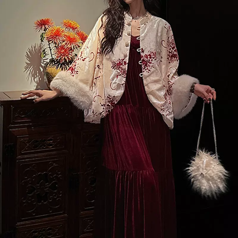 【云为衫】牡丹烂花丝绒毛袖棉服2025冬季新款复古新中式上衣外套