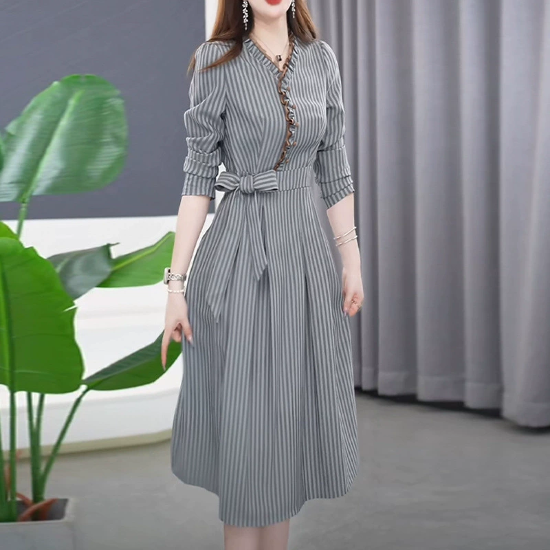 Благородное нишевое платье с длинными рукавами, женское полосатое элегантное платье с талией, утягивающее талию, юбка для мамы с принтом, весенний новый стиль