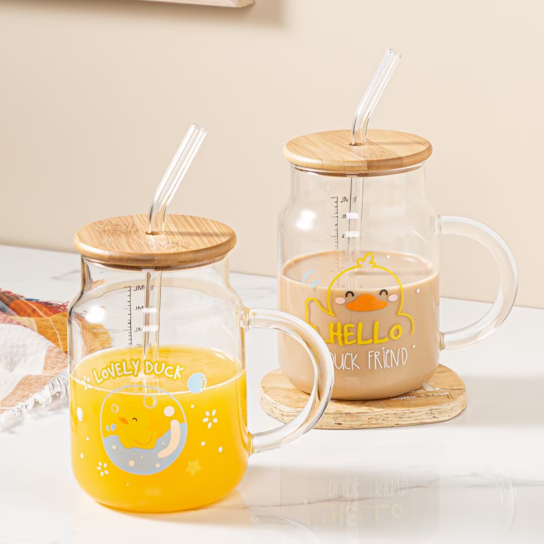 Creativo lindo de dibujos animados amarillo pato paja taza de leche de vidrio personalizado lindo jugo taza café hogar taza de agua