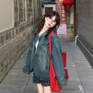 港风复古时尚做旧牛仔外套女2025春秋季新款宽松显瘦休闲通勤上衣