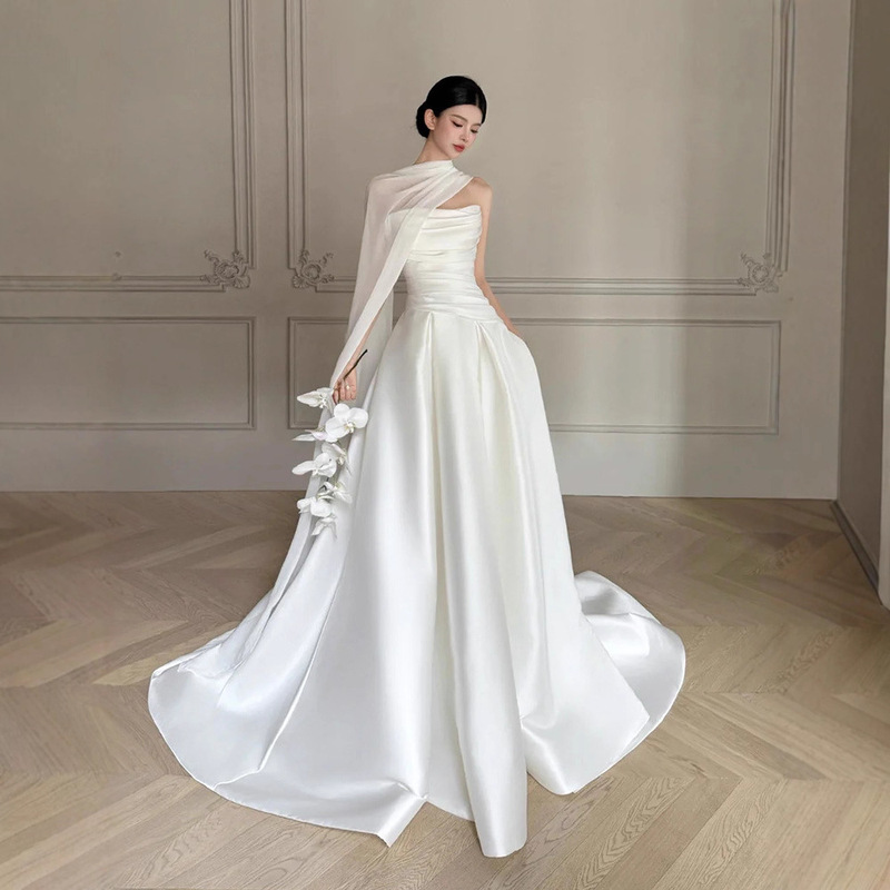 French-Style High-End Light Wedding Dress 2026 New Bride Forest-Style Super Fairy Satin Elegant Wedding Dress for Going Out and Welcoming Guests French-Style High-End Light Wedding Dress 2026 New Bride Forest-Style Super Fairy Satin Elegant Wedding Dress for Going Out and Welcoming Guests