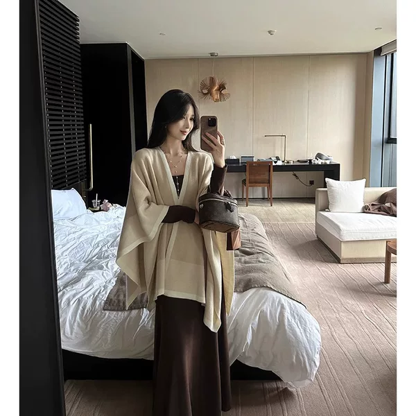 2025 New High-End Contrasting Color Cape Shawl for Women in Spring and Autum, Lazy Warm Scarf with Knitted Jacket