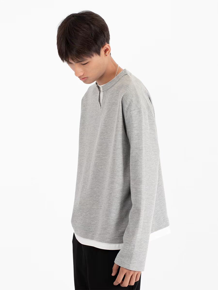 Men's Waffle Knit Henley Long Sleeve T-shirt Casual Pullover_voghion.com