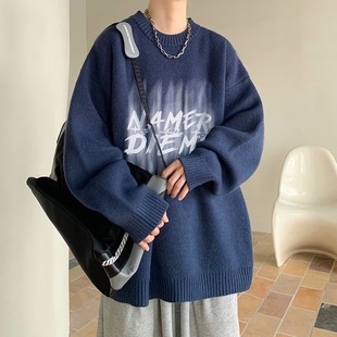 navy blue Knitted Crewneck Sweater Men's Autumn and Winter Thickened Loose Lazy Style Warm Inner Base Shirt for Boys