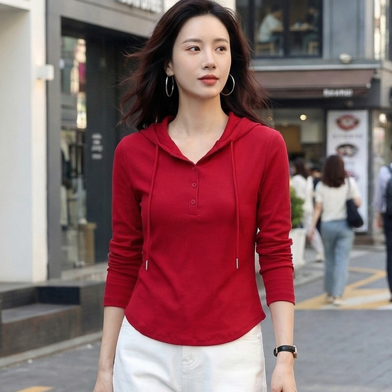 2026 Spring Fashion Ins Super Trendy Cherry Red Hooded Sweatshirt T-Shirt Long-Sleeve Cotton Versatile Slim Fit New Style T005 2026 Spring Fashion Ins Super Trendy Cherry Red Hooded Sweatshirt T-Shirt Long-Sleeve Cotton Versatile Slim Fit New Style T005