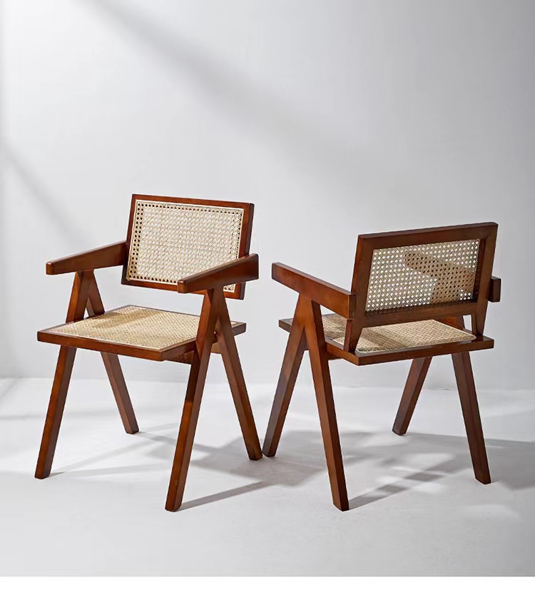 Nordic Solid Wood Rattan Dining Chair Home Retro Backrest Single Sofa Chair Chandigarh Armrest Leisure Chair