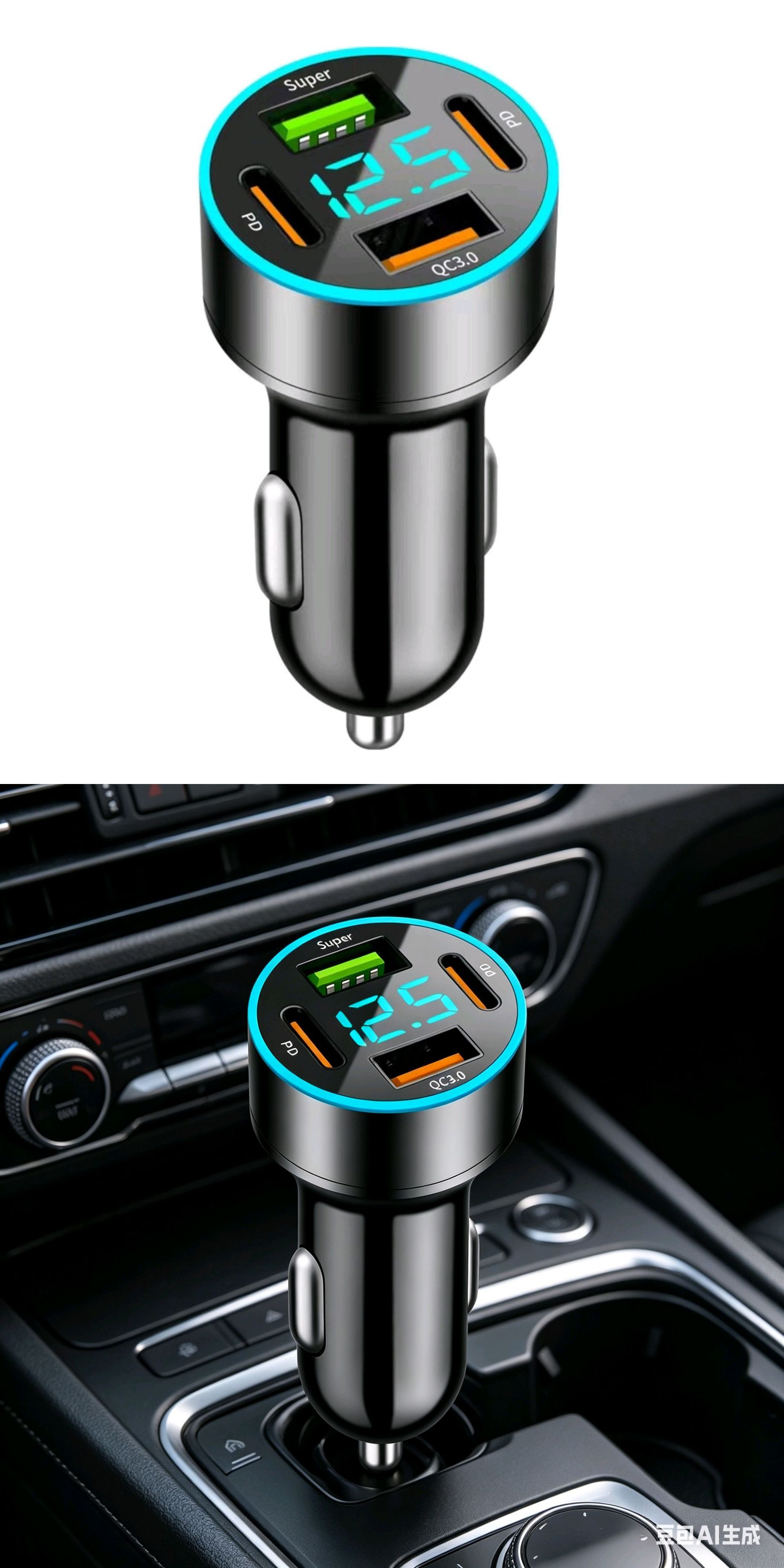 New four-port QC3.0 car charger with digital display, super fast charging, one-to-two cigarette lighter adapter plug, flash charging