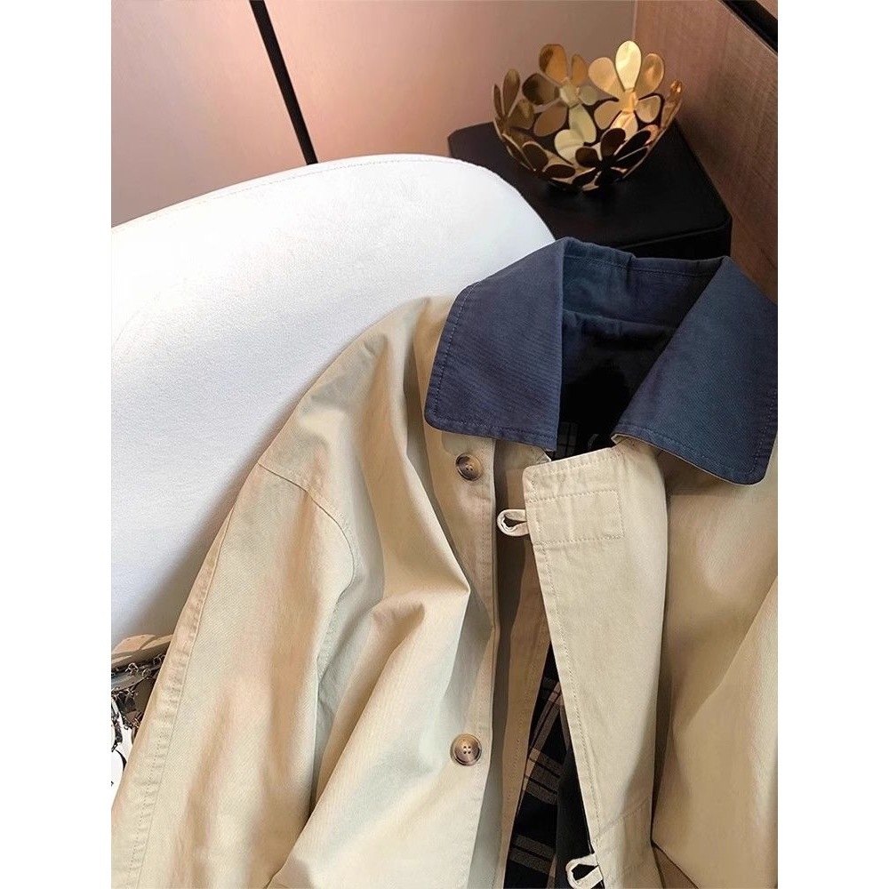 New Women's Trench Coat, Loose And Versatile, New Style With A Turn-down Collar, Plaid Coat For Women_voghion.com