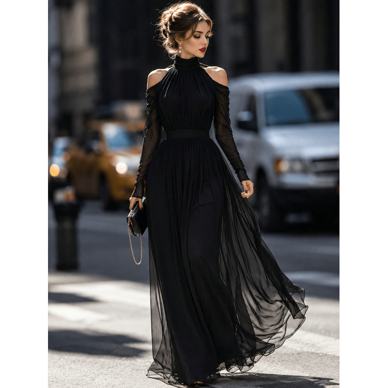 Women's Autumn Fashion Elegant Solid Color Chiffon Stand Collar Off-Shoulder Design A-Line Long Sleeve Flowy Maxi Dress