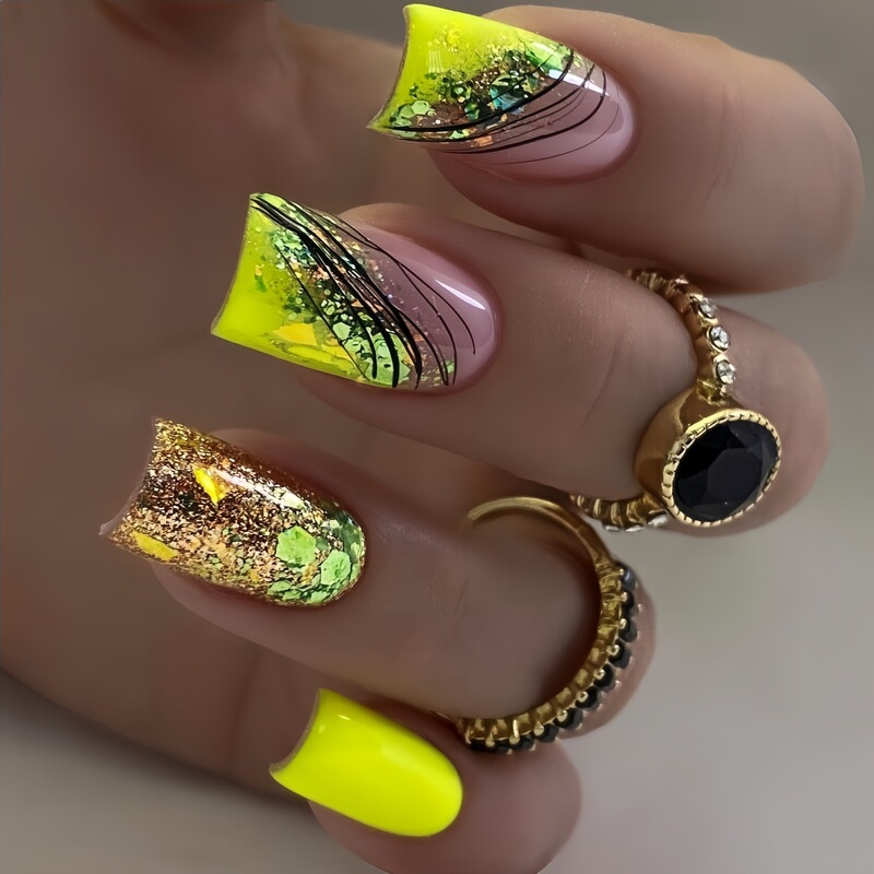 Abstract Art Color-Blocking Wearable Nails, Reusable Artistic Aesthetic Style Nail Art, European and American Fashion Fake Nails