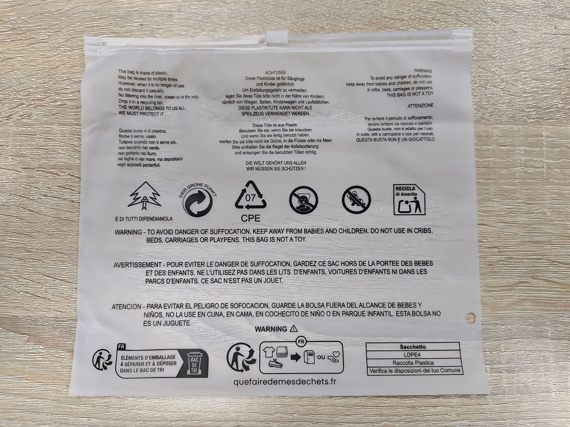 Triman French Microetiqueta Advertencia Bolsa con cremallera Teum Transparente Bolsa de embalaje de ropa Lema de advertencia ambiental transfronteriza