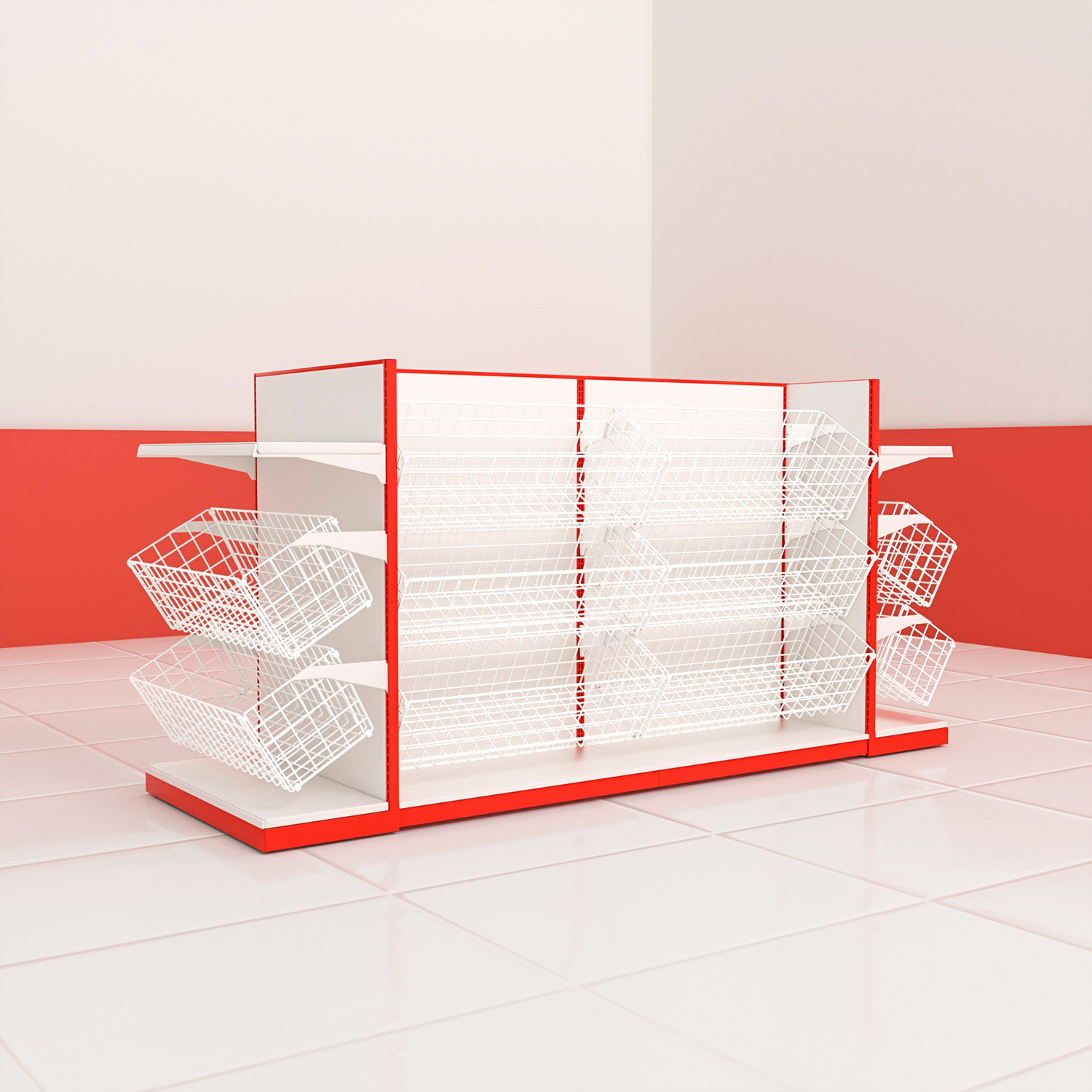 Estantes de supermercado tienda de conveniencia cestas colgantes jaula apilada estantes de almacenamiento Nieve Ice City cestas inclinadas caja ciega alrededor de la pantalla de canasta de bocadillos