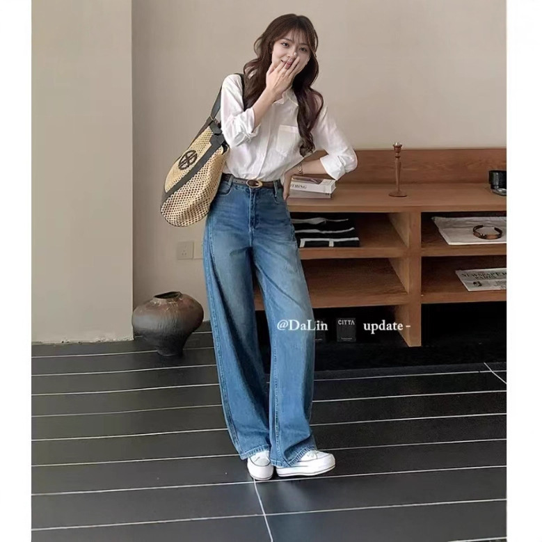 丹宁蓝弯刀牛仔裤女2025年新款高腰宽松长裤春秋季设计感阔腿裤子|undefined