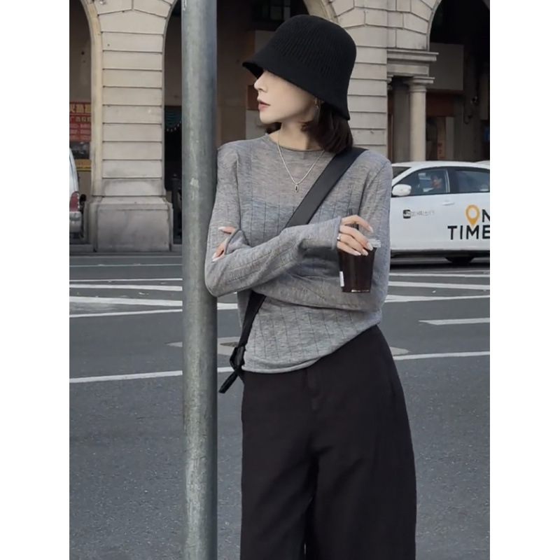 26 Wool Base Layer Sweater with Rolled Edge Round Neck, Thin Pullover Knit Top for Spring and Summer, Trendy Summer Knit Base Layer Sweater