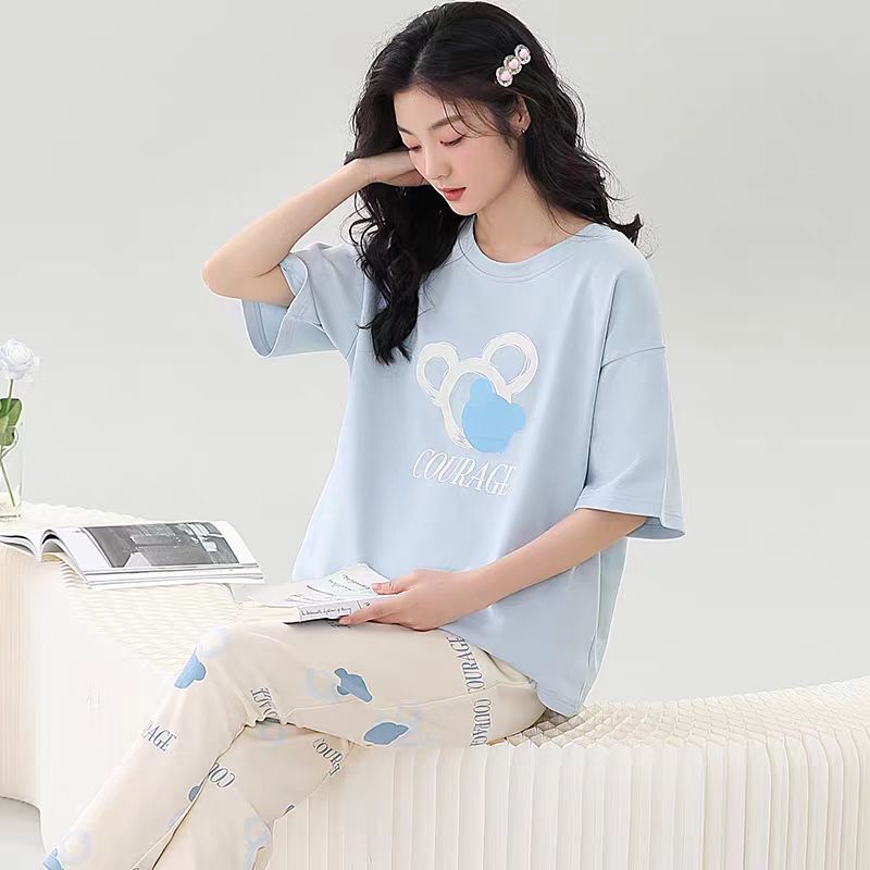 Venta al por mayor transfronteriza de nuevo estilo pijamas de cuello redondo pantalones de manga corta para mujer verano fino imitación algodón dibujos animados casual servicio a domicilio traje simple image 4
