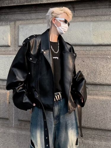 Leather biker jacket, autumnal style, short sleeve men's outerwear, American trend, loose, cool rebel look, PU leather jacket
