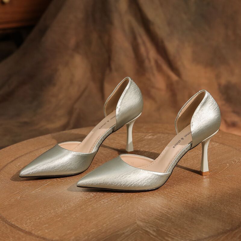 6693C Satin Hollow Stiletto Pointed Toe High Heels Elegant French Professional Shoes Commuting Simple Versatile Daily Women's Shoes