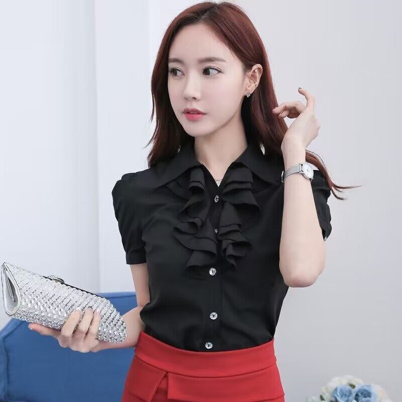 Summer New Korean Style Black Short-sleeved Shirt with Lotus Leaf Lace Women's Professional Wear Slim-fit OL plus size Short-sleeved Shirt