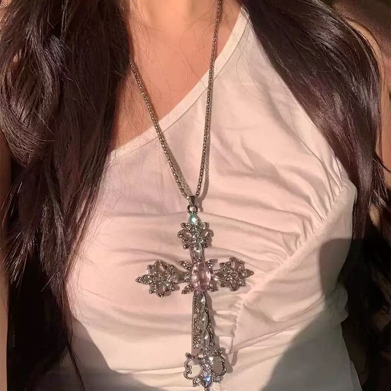 Cross Necklace Exaggerated Niche Sexy Y2K Sweet Cool Dark Retro Gothic Punk Sweater Pendant Clavicle Chain Cross Necklace Exaggerated Niche Sexy Y2K Sweet Cool Dark Retro Gothic Punk Sweater Pendant Clavicle Chain