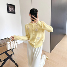 南油高端女装新款法式温柔风手工钉珠立体花羊毛百搭软糯针织开衫