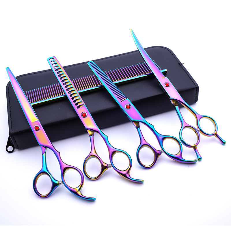 Fabricante de juegos de tijeras para mascotas, tijeras de peluquería canina al por mayor de 7 pulgadas, suministros morados para perros.