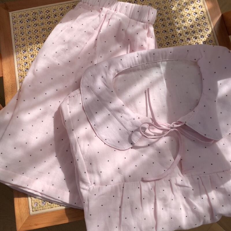 High-Density Double-Layer Gauze Soft Retro Girly Pink Polka Dot Tie Doll Collar Korean 2024 Summer Short-Sleeved Pajamas