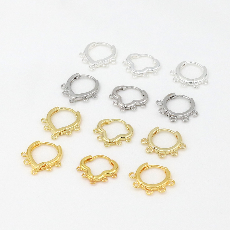 Three-Hole Earrings Plated with 18K Real Gold Color-Preserving Copper Multi-Hole Earrings Five-Ring Earrings Semi-Finished DIY Earrings A39