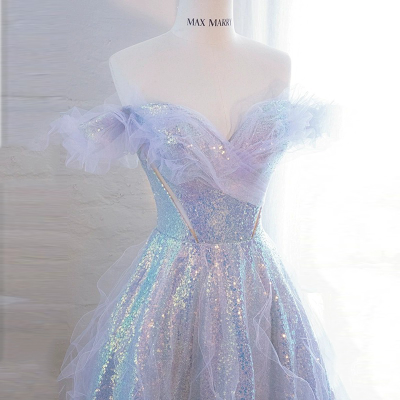 Vestido de fiesta 2025 nuevo estilo de verano francés un hombro brillante dorado vestido de vestido de exámenes de arte de mitzvah