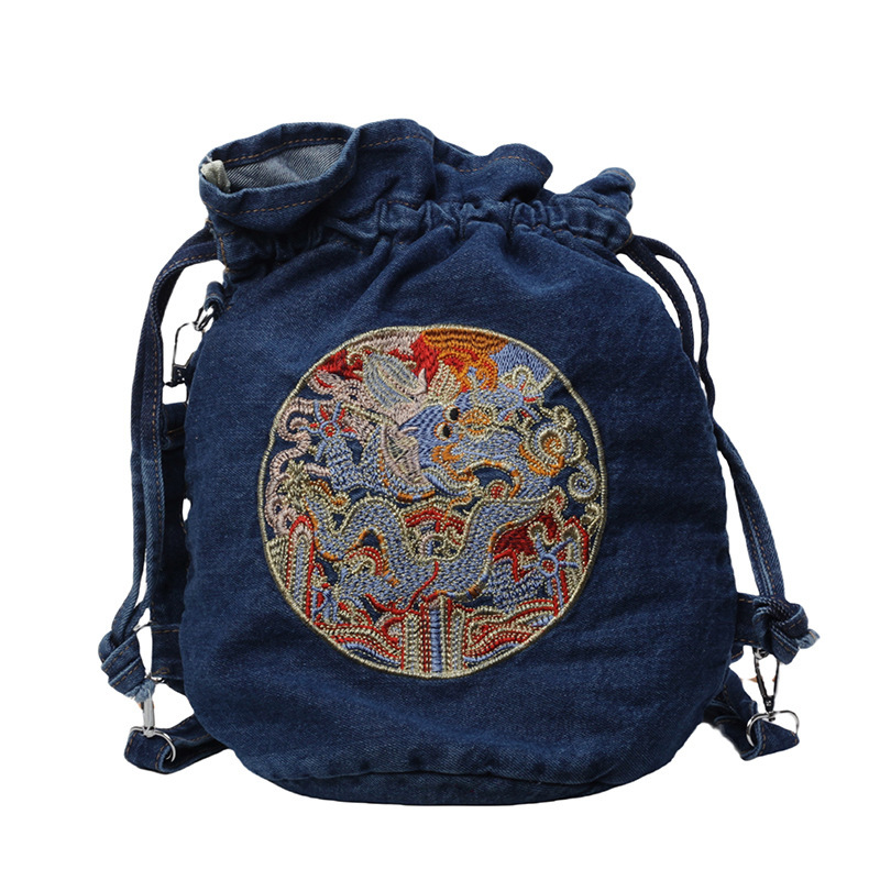 2024 nueva mochila bordada de estilo chino bolso de hombro de mezclilla casual transfronterizo bolso de mensajero personalizado bolso de cubo
