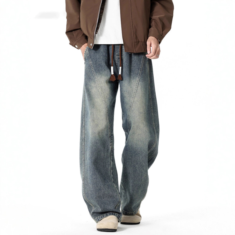 Vintage Washed Wide-Leg Jeans for Men, 2026 Autumn New American Style Loose Fit Curved Long Pants for Boys