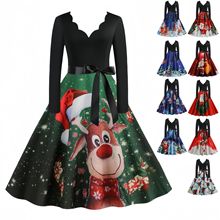外贸工厂直发圣诞节赫本复古女装冬季烧花V领长袖印花大摆连衣裙