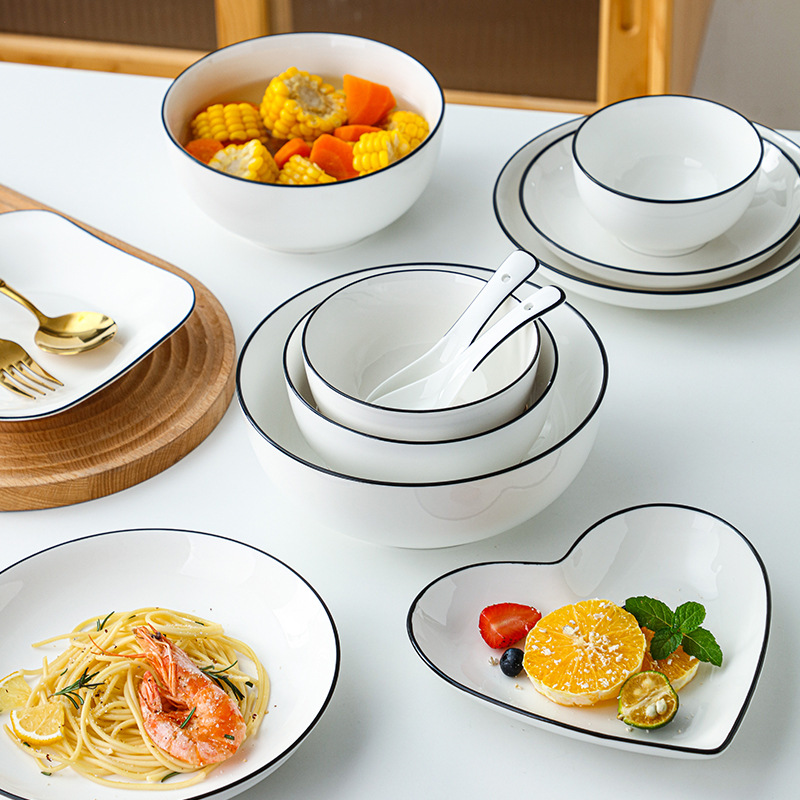 Juego de vajilla de cerámica para el hogar creativo simple estilo nórdico línea negra vajilla de hotel vajilla para comer plato de amor