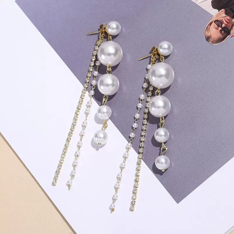 S925珍珠镶钻流苏耳环个性长款网红耳坠时尚气质潮流耳饰女批发