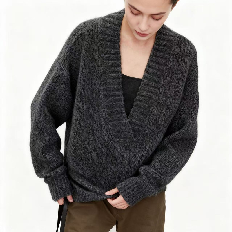 Row Lyocell+Wool Marble Pattern Interwoven Yarn Retro Casual Thick-Knit V-Neck Sweater for Women