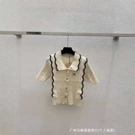 南油高定mm家娃娃领针织衫女款设计感小众拼接短袖气质秋季上衣