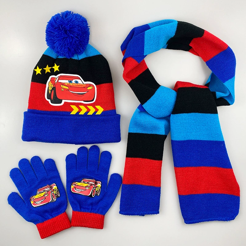 Трансграничный вязаный набор из трех частей шляпа мультфильм автомобиль детские перчатки шарф нагрудник осенний зимний мальчик теплый набор