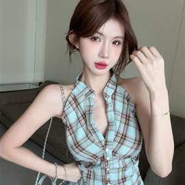 格子挂脖吊带背心女外穿夏季泰式小众甜辣妹v领抹胸上衣绝美衬衫